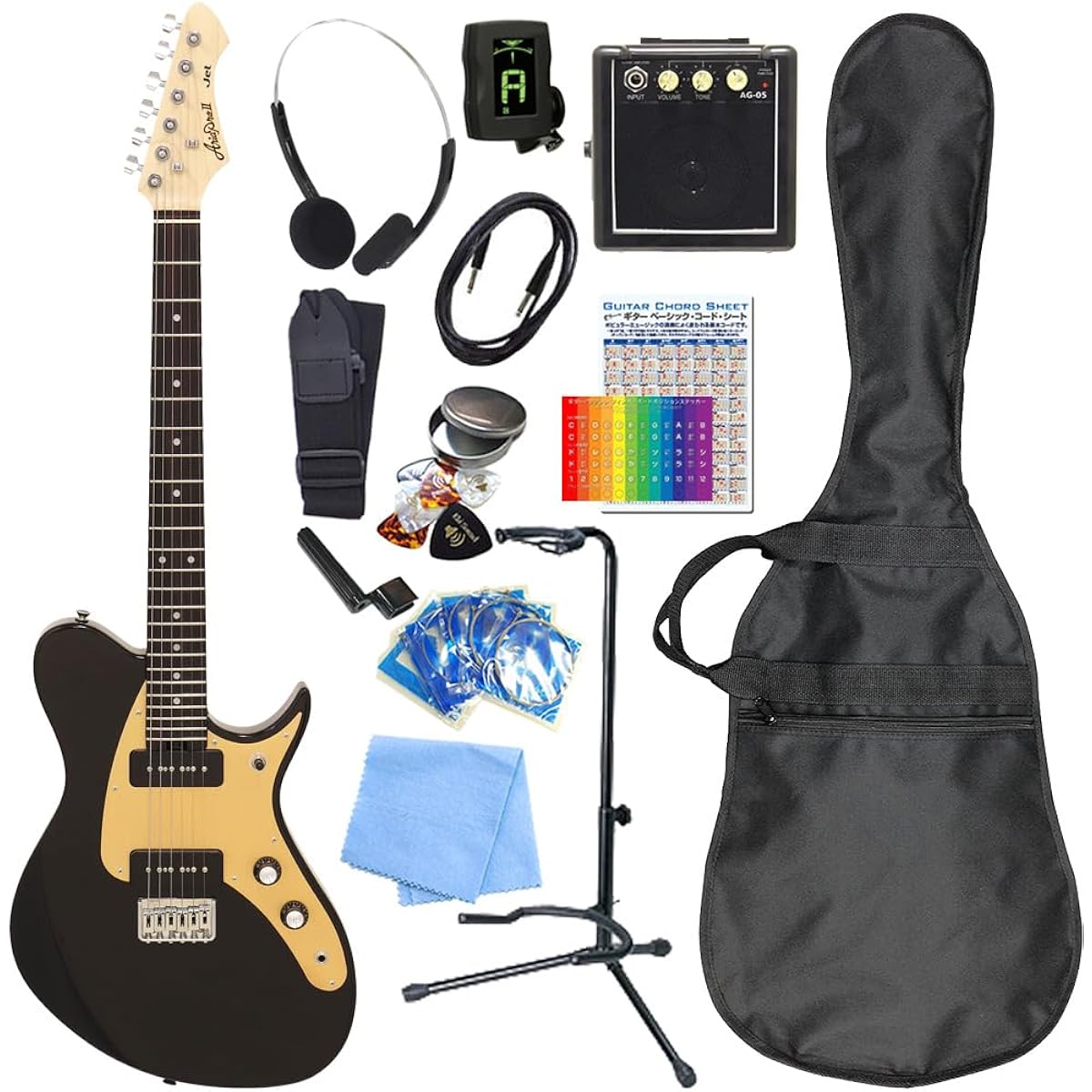 Electric guitar beginner set AriaProII JET BK Aria Jet with mini amp 15-piece set [98765]