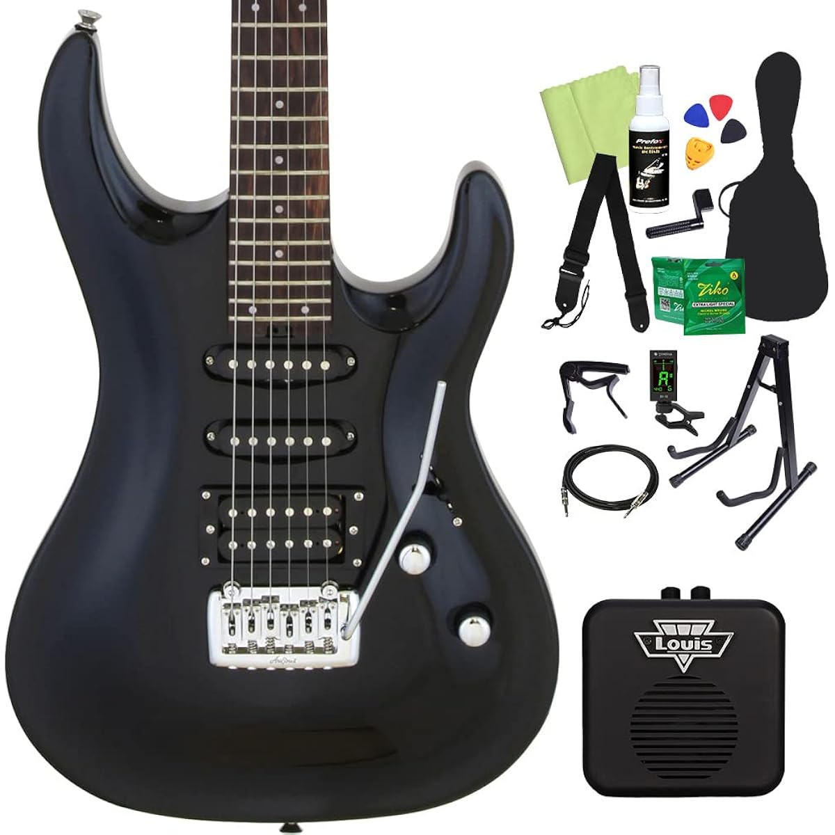 AriaProII MAC-STD Electric Guitar Beginner 14-piece Set [with Mini Amplifier] MBK-Metallic Black- 24 Frets SSH Pickup AriaPro II