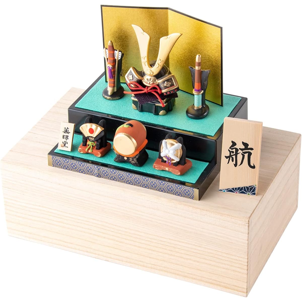 May Doll Helmet Ceramic Compact Storage Decoration Nishiki-sai-dan Kazari Success Helmet Paulownia Box Set (Name Engraving Service, Nameplate S Indigo Blue, Mat Included) (FUN fun)