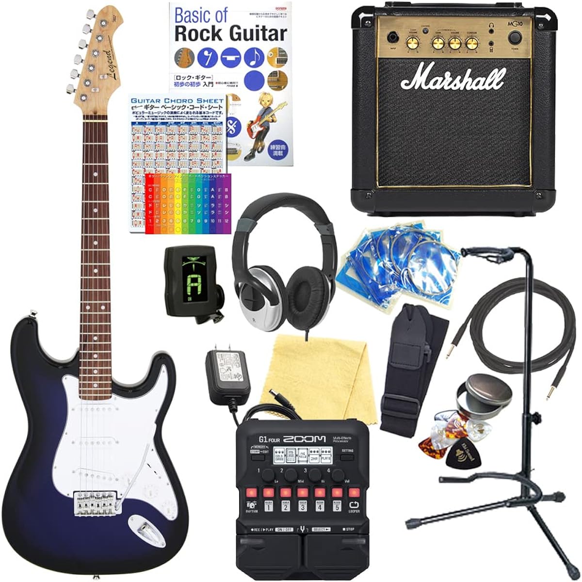 Electric guitar beginner set Stratocaster type 18-piece set with Marshall amp Legend LST-Z BBS [ZOOM G1Four multi-effector included]
