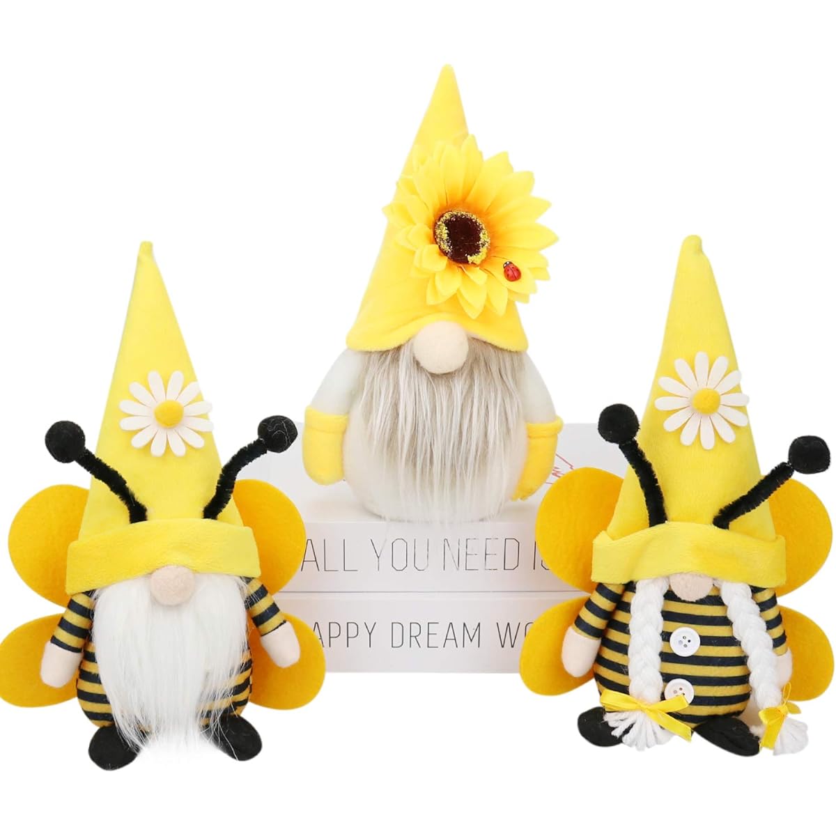 Bumblebee Gnome Stuffed Animals 3 Piece Set, Honeybee Day, Handmade, Spring, Gnome, Yellow & Black, Scandinavian, Tomte, Varnished, Swedish, Elf, Faceless Doll, Kitchen Tiered Tray, Farmhouse, Party, Gift, Birthday, Mother's Day