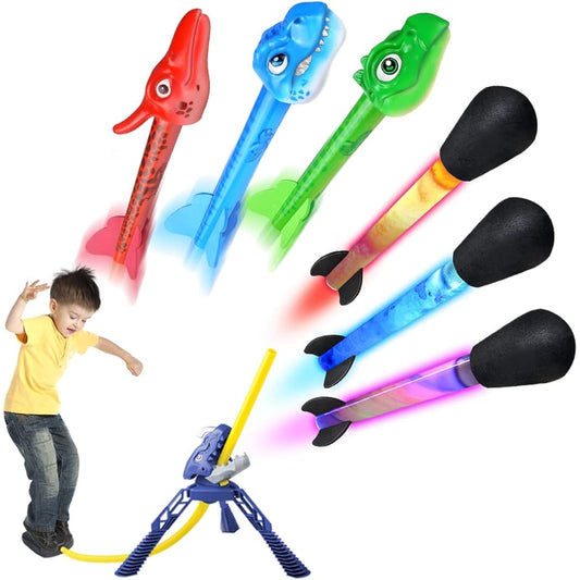 OWNONE 1 Rocket Launcher for Kids 3-5 6-8 8-12 Dinosaur Air Rocket Launcher Toy - 3 Dinosaur Rockets, 3 LED Foam Rockets, 1 Launch Pad - Outdoor Toys Dinosaur Gifts for Kids Boys Ages 3 4 5 6 7 8