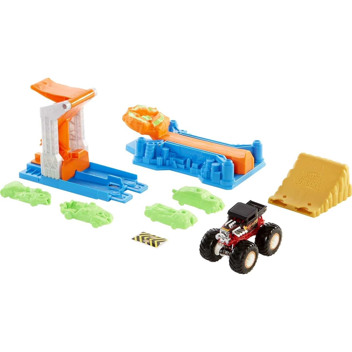 Hot Wheels Monster Trucks Launch & Bash Play Set with Launcher, 4 Crushed Cars, 1 1:64 Scale Monster Truck, Landing Zone for Stunting, Crashing Action Great Gift for Kids Ages 4-5-6-7-8 (GVK08)