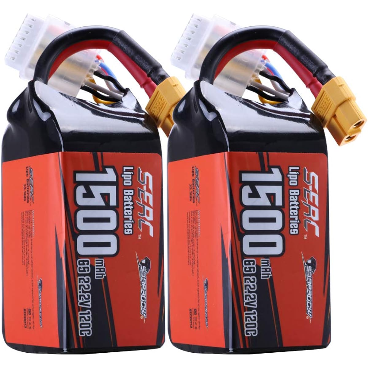 SUNPADOW 22.2V 1500mAh 6S 120C Lipo Battery Pack with XT60 Plug for FPV, Drones, 2 Packages