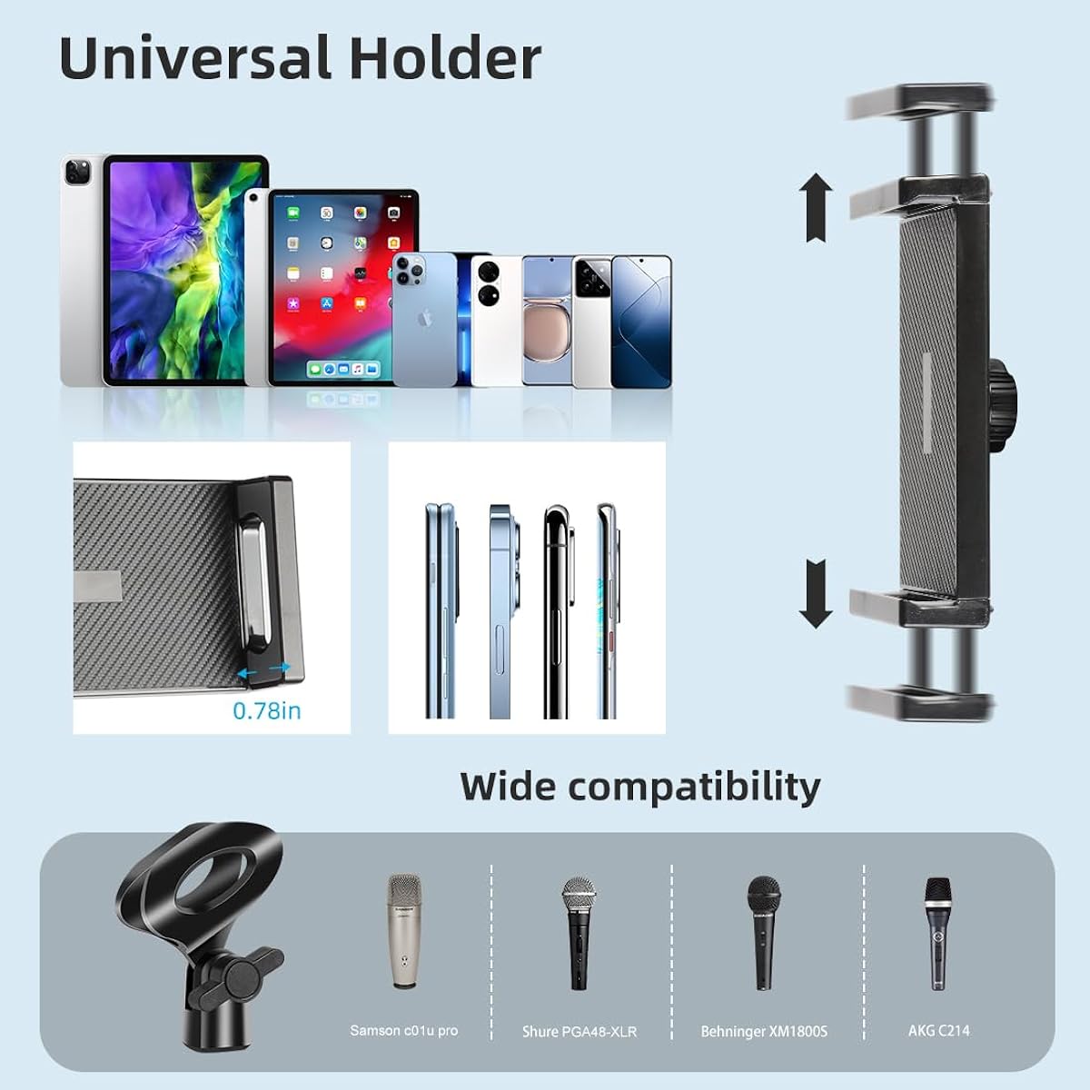 PPH-Sisy Microphone Stand Floor 6-in-1 Boom Mic Stand Tripod Adjustable 35-66 Inch Portable Gooseneck Microphone Stand with Boom Microphone Clip Tablet Cell Phone Holder Carry Bag
