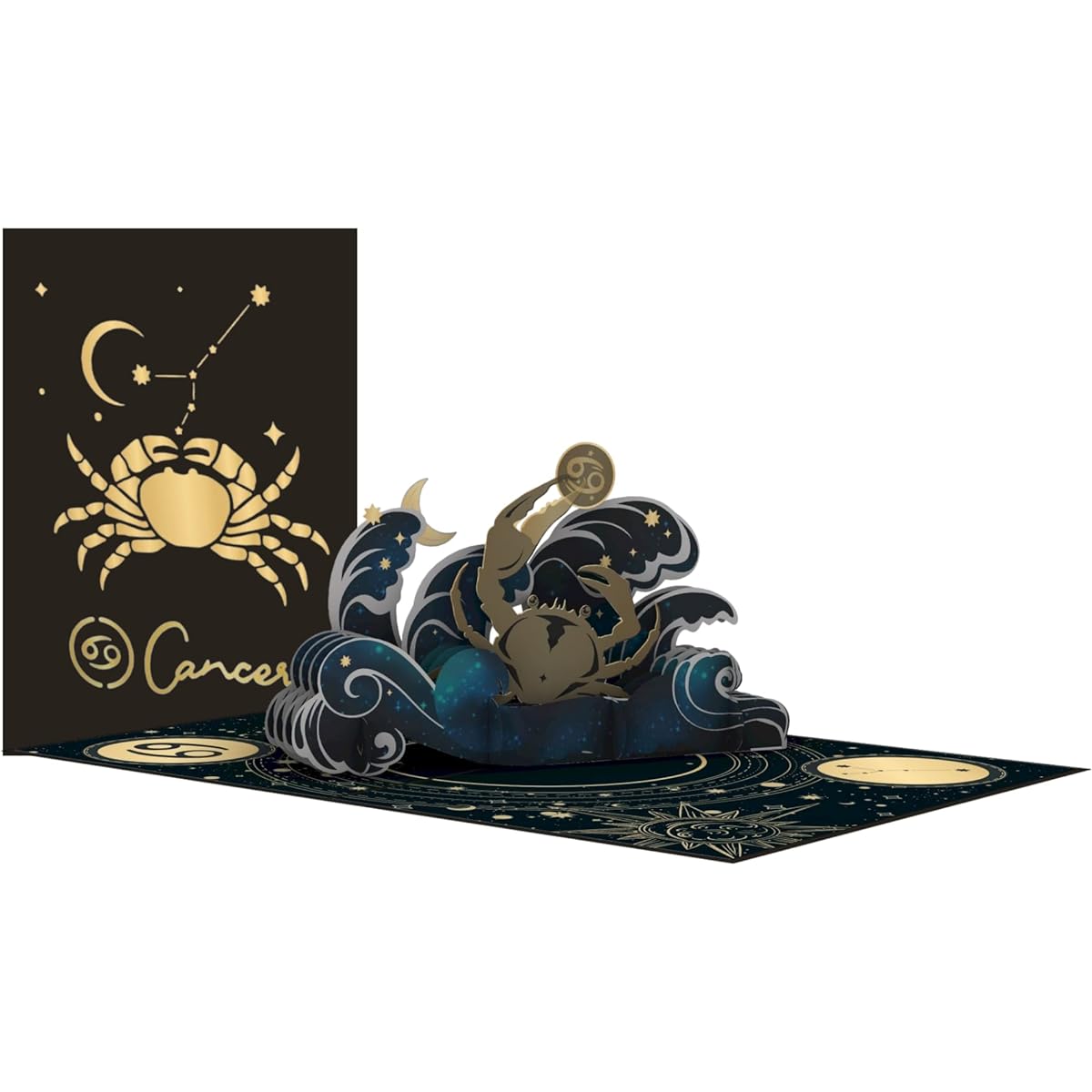 iGifts And Cards Cancer Zodiac Sign 3D Pop Up Greeting Card Black with Sparkling Gold Symbols 5x7 Inch