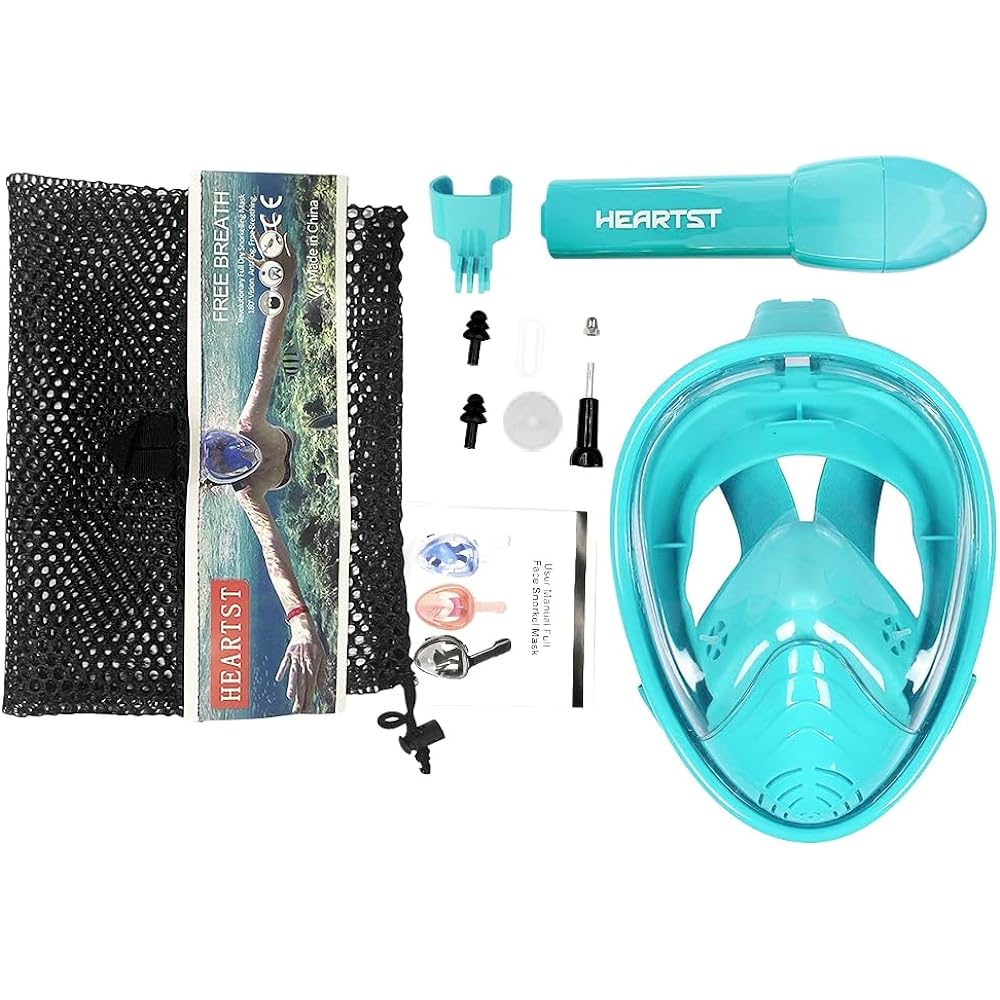 HEARTST Snorkel Mask, 180° Ultra Wide Angle, Children's Diving Mask, Full Face Mask, Anti-Fog, Leakproof Diving Mask, Can Attach Sports Camera, Underwater Mask, Snorkeling Equipment, Breathe Freely, Unisex, Children's Mask, Storage Bag Included