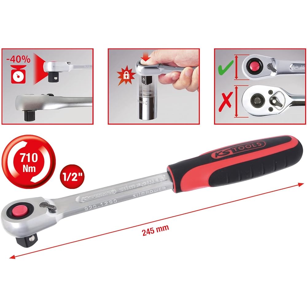 KS TOOLS 1/2" SlimPOWER Reversible Ratchet 72 Teeth 920.1290