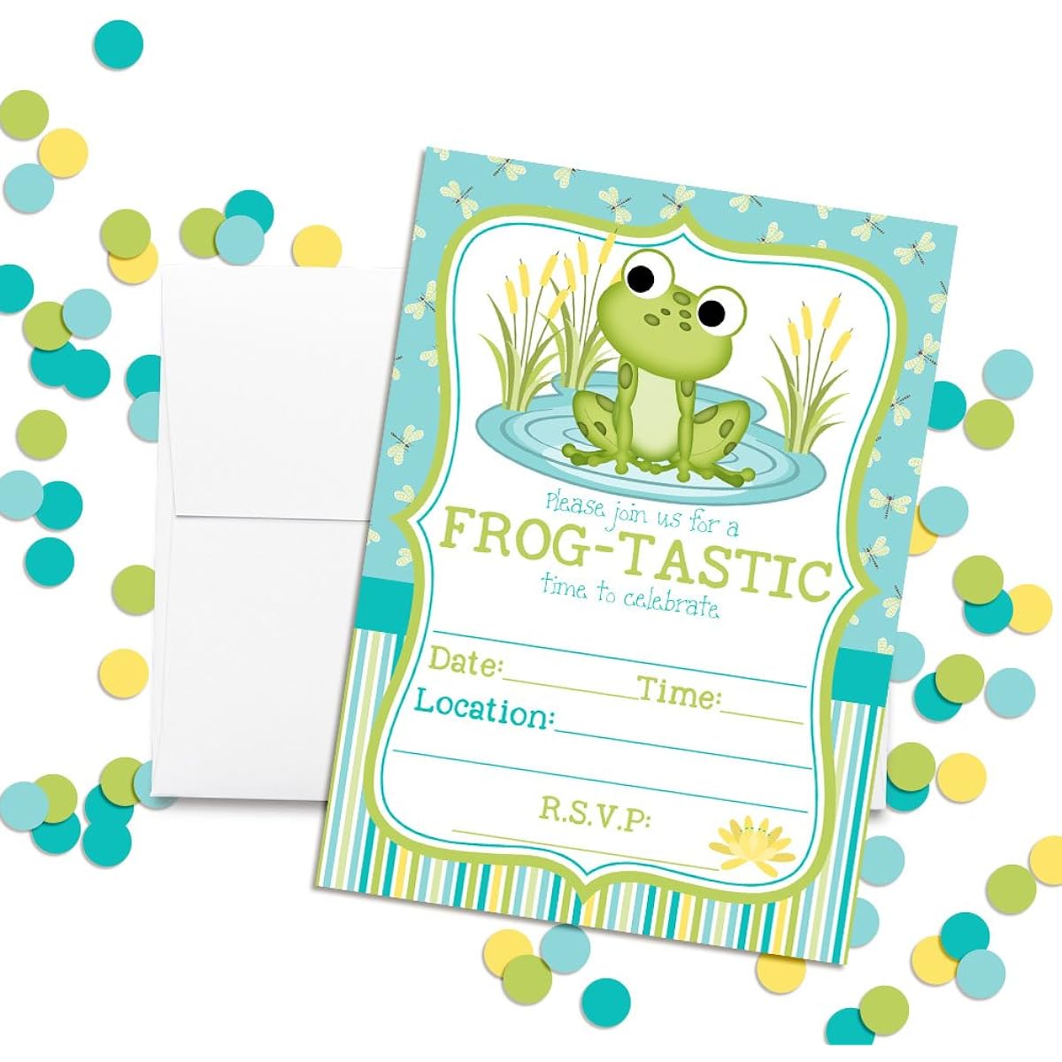 Little Frog Birthday Party Invitations for Boys, Ten 5"x7" Fill In Cards with 10 White Envelopes by AmandaCreation