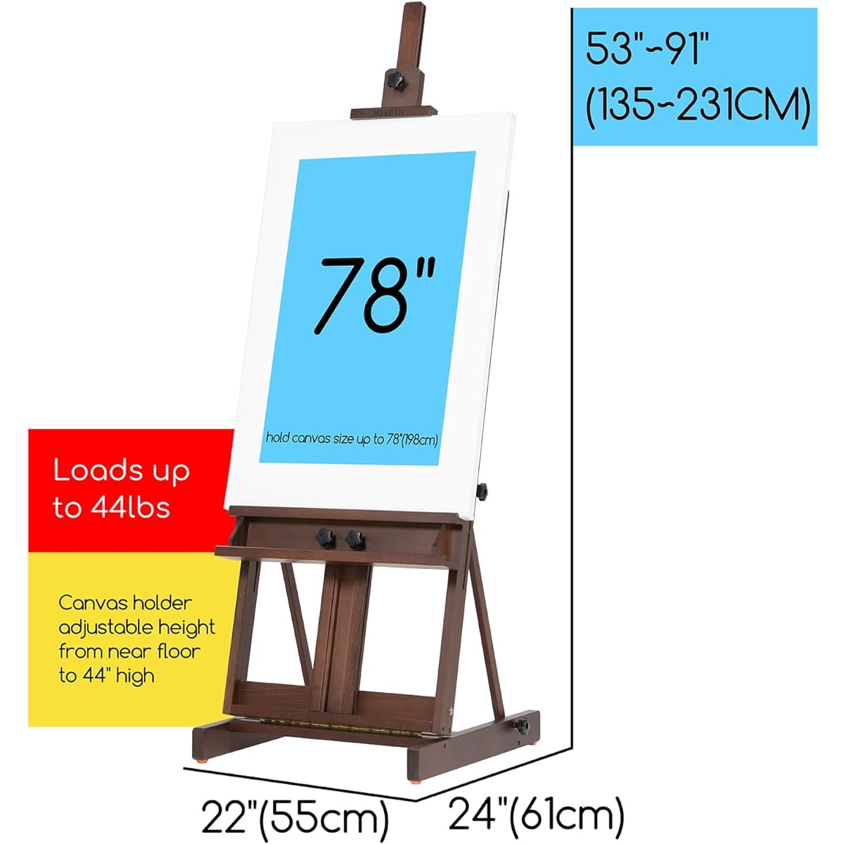 , Adjustable Height, Accommodates Canvases up to 198cm, Foldable for Storage, H-Shaped Frame, High Stability, Wooden Easel, Stand Easel, Studio Easel, Sketch Easel, For Fine Arts, For Painting, For Office Use, For Artists, Students, Adults, Reddish Brown