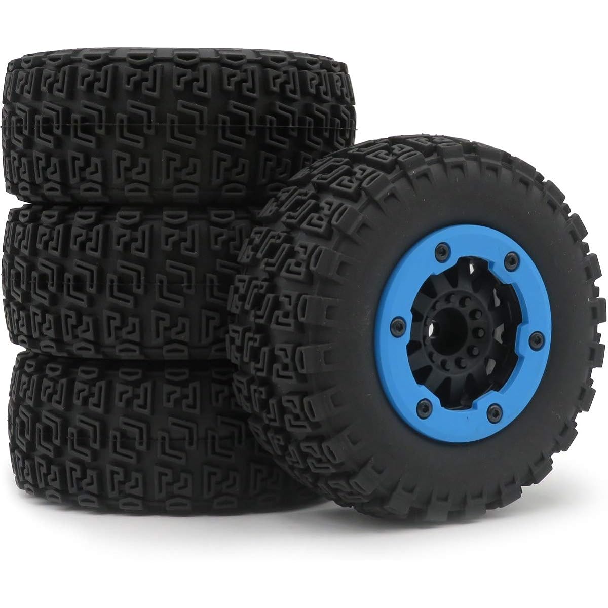 hobbysoul 4pcs 1/10 RC 2.2/3.0 Short Course SC Tires & Hexagon 12mm Beadlock Wheels Blue Color Plastic Rims