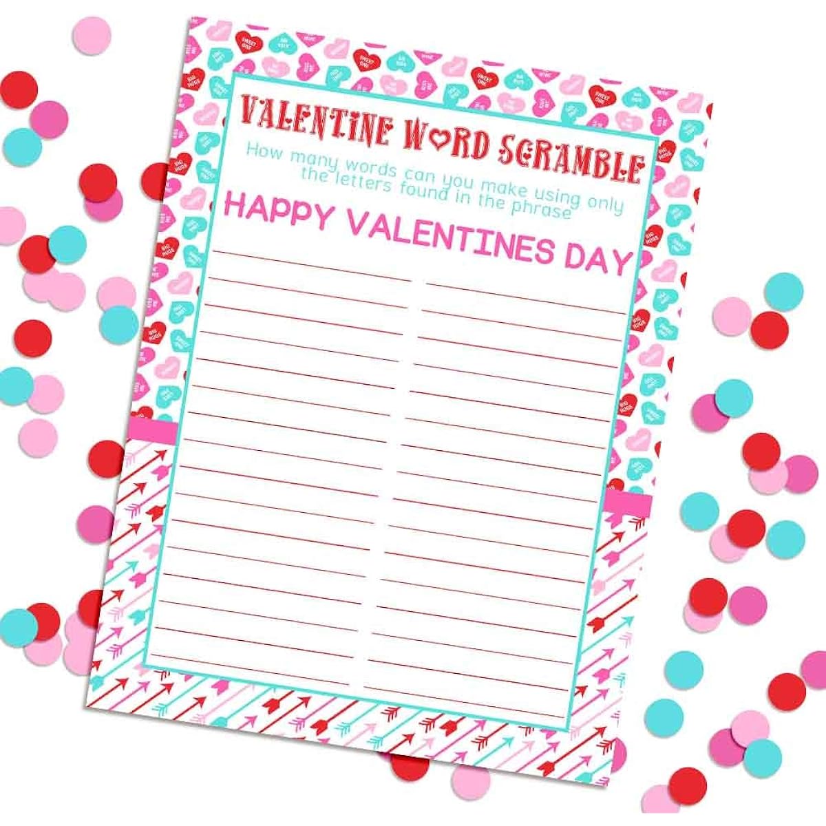 AmandaCreation Valentine's Day Word Scramble Scavenger Hunt Holiday Fill-In Game Cards - 10 4" x 5.5" Blank Cards