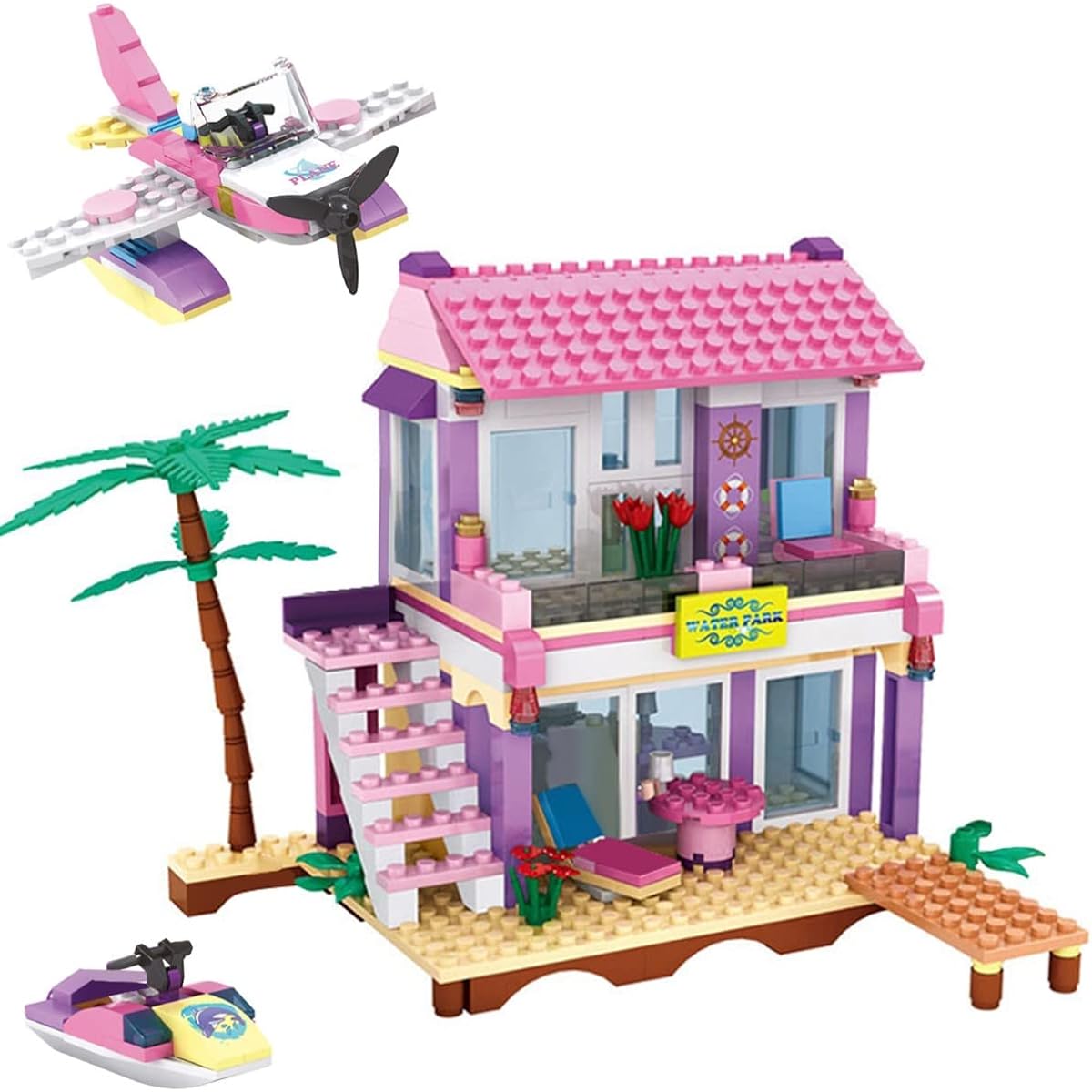 intWiWdela Dream Girls Beach House Building Blocks Toy Friends Seaside Building Set 423 Pieces Big Villa with Plane and Jet Ski Vacation Beach Hut Toy Set Ages 6-12