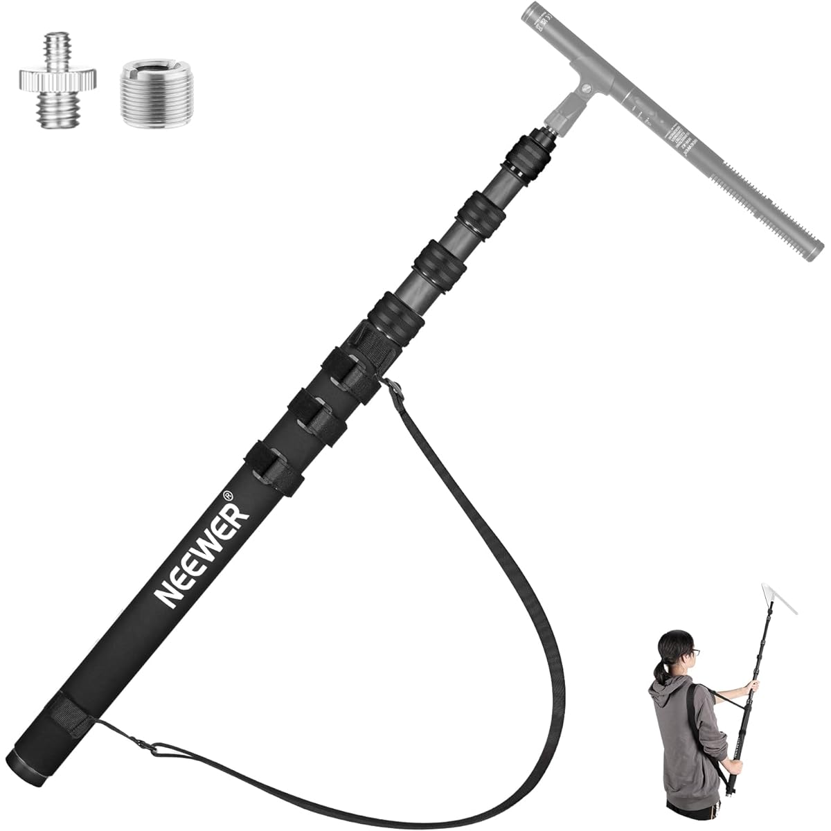 NEEWER New Edition Microphone Boom Pole 300cm Telescoping Carbon Fiber Microphone Boom Arm 5 Sections 1/4" 3/8" 5/8" Screw Adapter Cable Strap Shoulder Strap Storage Bag MS-300CR (Black)