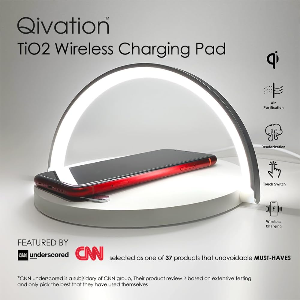 Qivation TiO2 Multifunctional Desk Lamp, Wireless Charger, Japan Tech 24/7 Air Purifier, LED Lamp 3 Brightness Levels, Phone Stand, Eye-Caring Night Light Qi Comp. for Home & Office