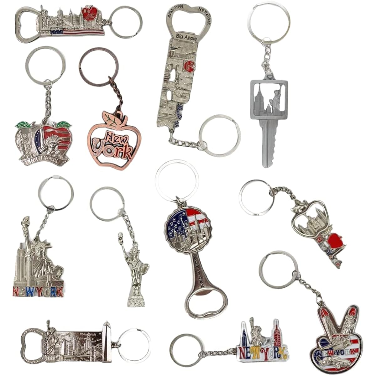 Pack of 12 New York NYC Souvenir Metal Keychains - Statue of Liberty, American Flag, World Trade Center, Empire State Building, Bottle Opener and More - Bonus Race Day Car