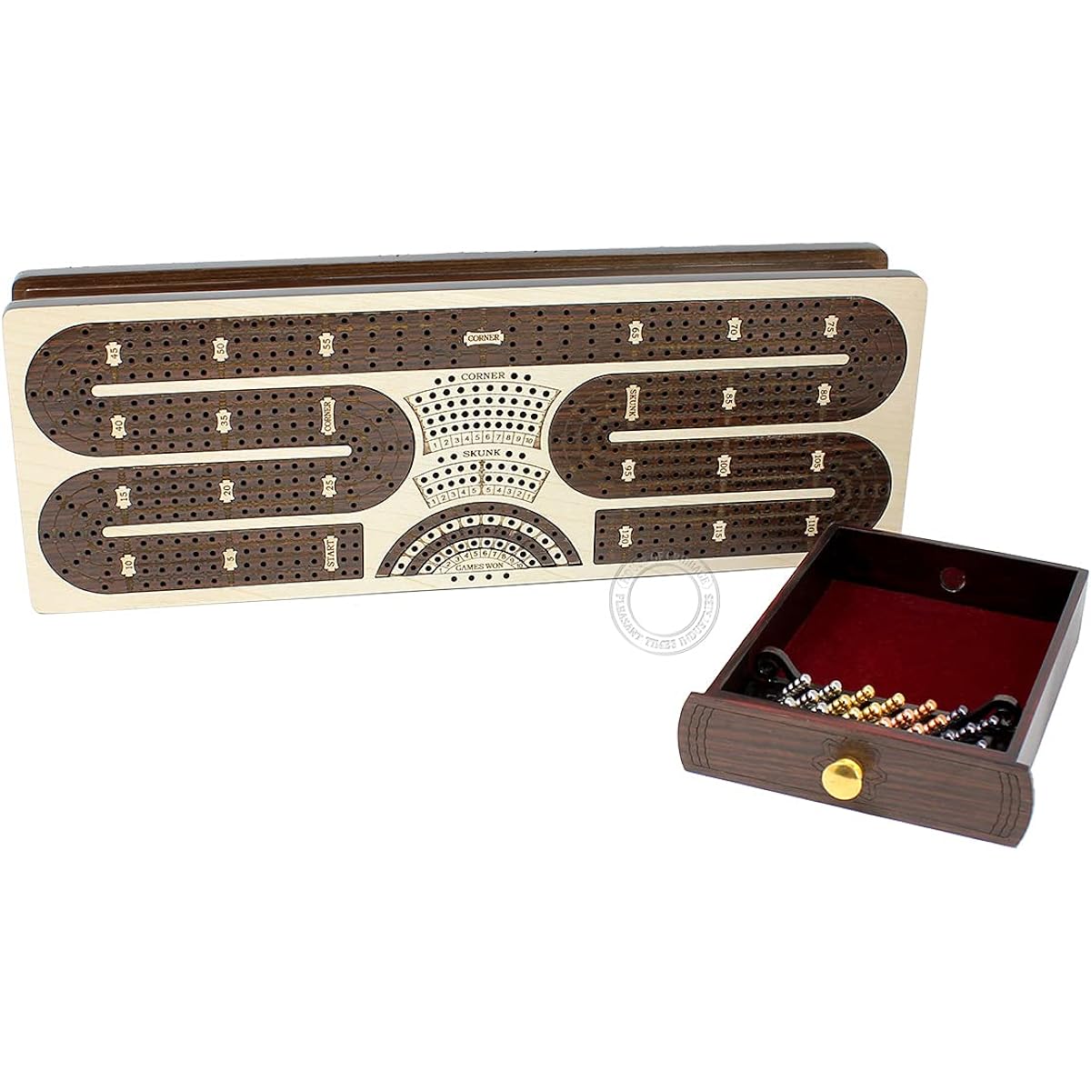 House of Cribbage - Continuous Cribbage Board / Box Inlay Maple/Rosewood: 4 Tracks - Storage Drawer for Pegs & Playing Cards - Score Marking Field Skunk Corner Winning Game