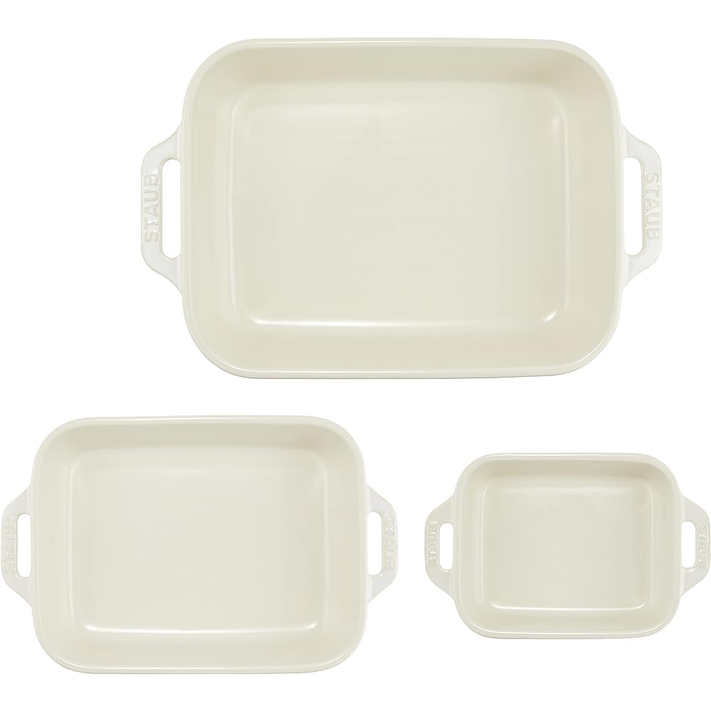 Staub "Rectangular Dish (14 x 11/20 x 16/27 x 20 cm) 3P Set Ivory" Ceramic Set Gratin Dish Oven Microwave Safe [Authorized Japanese Product] Dish 40508-165