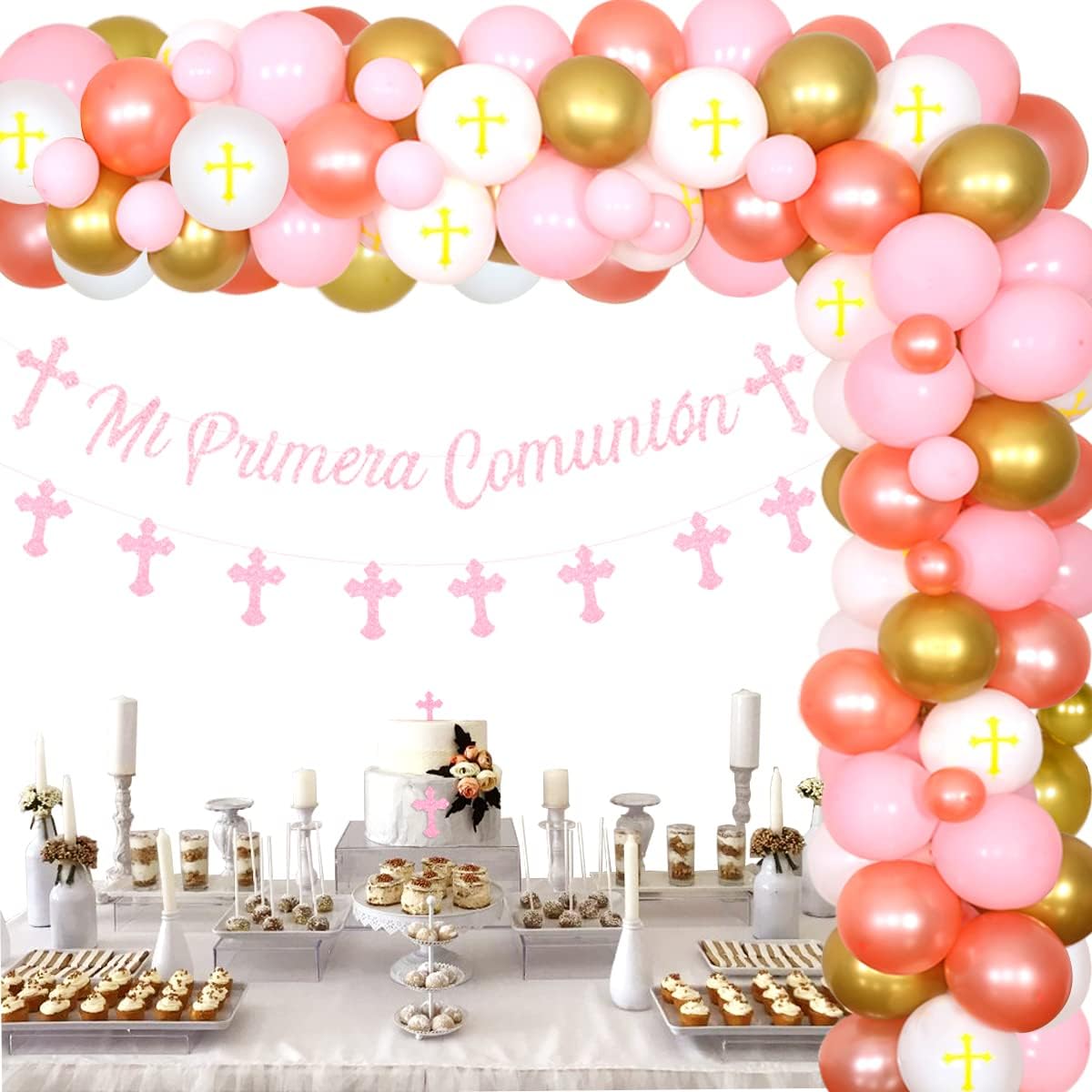 Pink and Gold Baptism Party Decorations for Girls, Sparkly Mi Primera Comunión Mi Bautizo Banner, First Communion, Confirmation Decorations, Baptism Decor, Balloon Garland