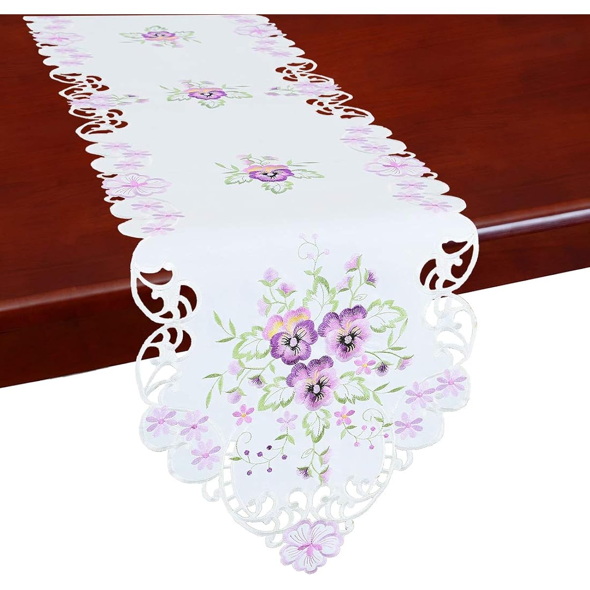 Simhomsen Floral Table Runner with Purple Pansy Flowers Embroidered on a Cream Background (14 x 107 Inch)