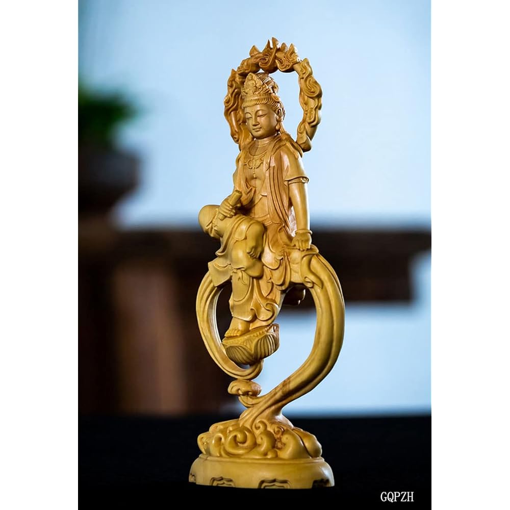 Wood Carving Buddha Statue Kannon Bodhisattva Buddhist Altar Buddha Statue Pray Warm Off Good Quality Natural Boxwood Wood Carving (Height 17cm x Width 7.5cm x Depth 4.5cm) (Guanyin Bodhisattva Seated Statue - Boxwood)