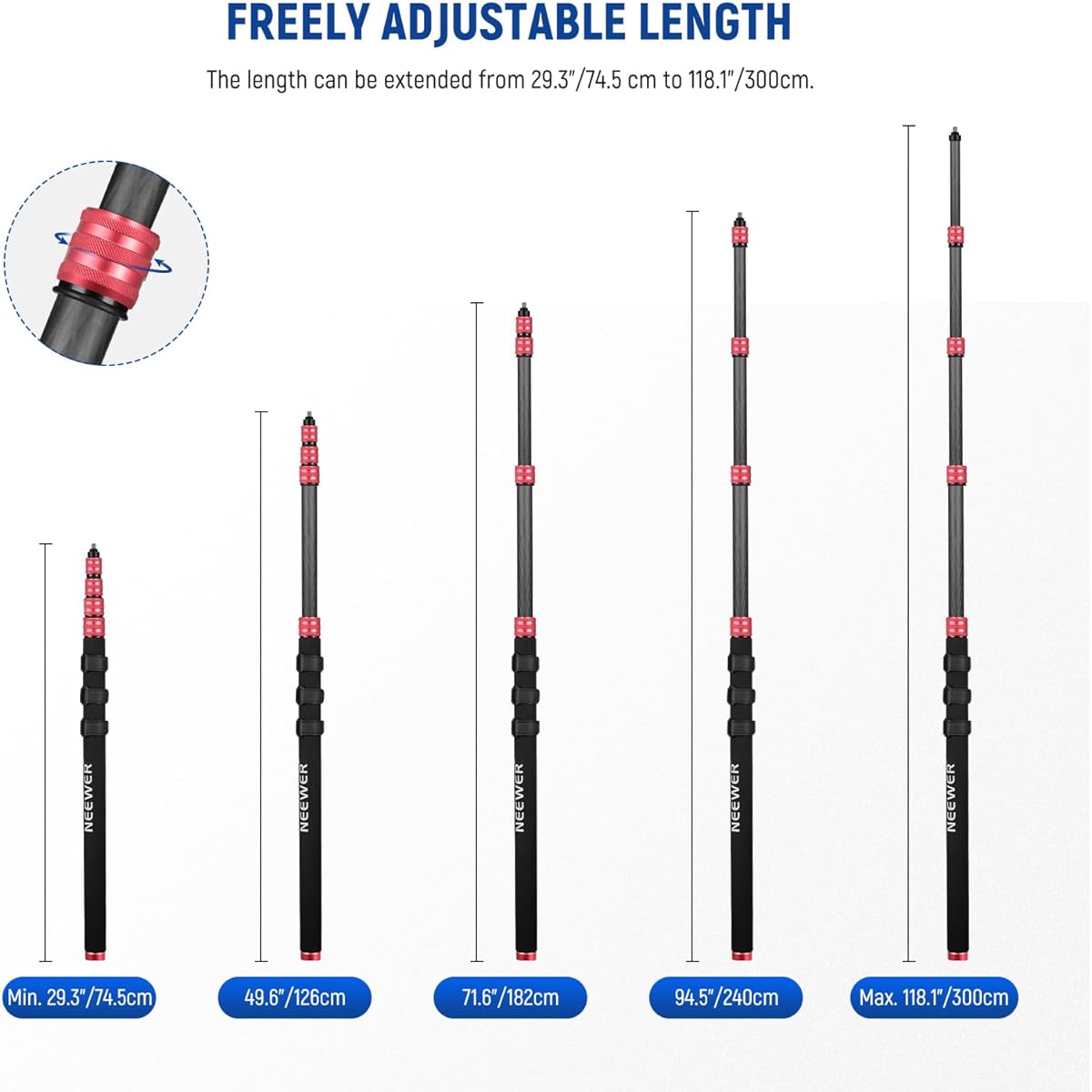NEEWER New Edition Microphone Boom Pole 9.8ft/300cm Telescoping Carbon Fiber Microphone Boom Arm 5 Sections 1/4" 3/8" 5/8" Screw Adapter Cable Strap Shoulder Strap Storage Bag MS-300CR (Red)