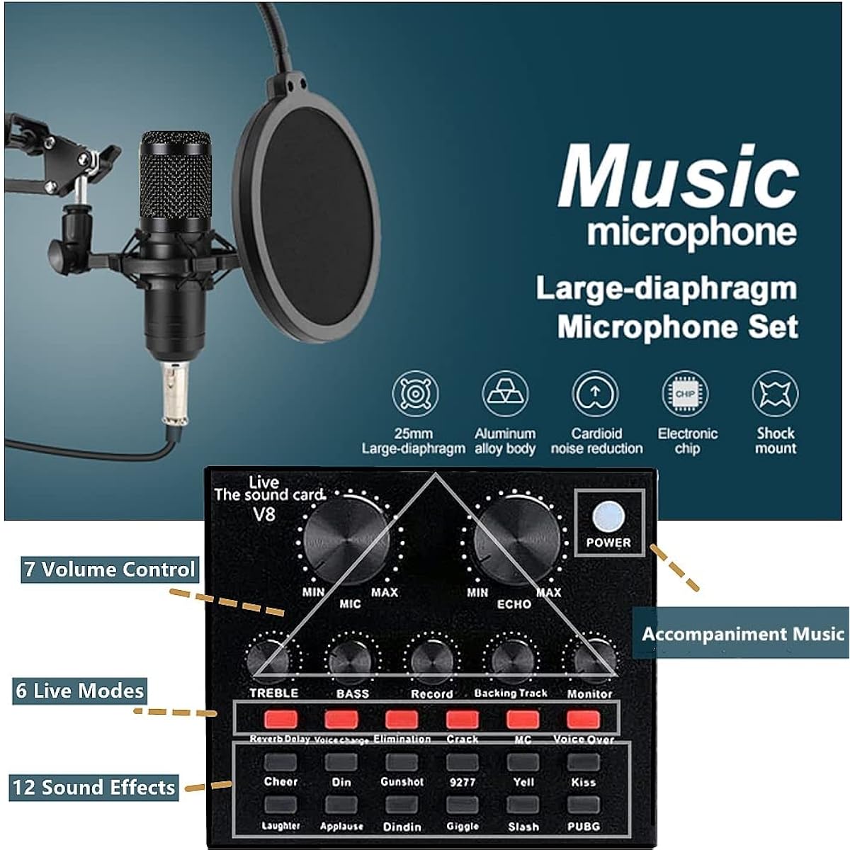 SKTEET Podcast Equipment Set with BM800 Podcast Microphone and V8 Sound Card Voice Changer - Audio Interface - Perfect for Recording, Singing, Streaming and Gaming (V8-Black)