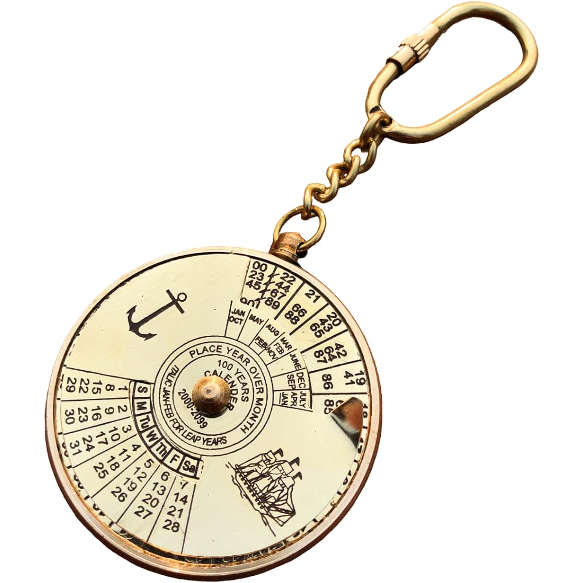 Nautical 100 Years Perpetual Calendar & World Timer Keychain Brass Keychain Keyring, Brass, Small