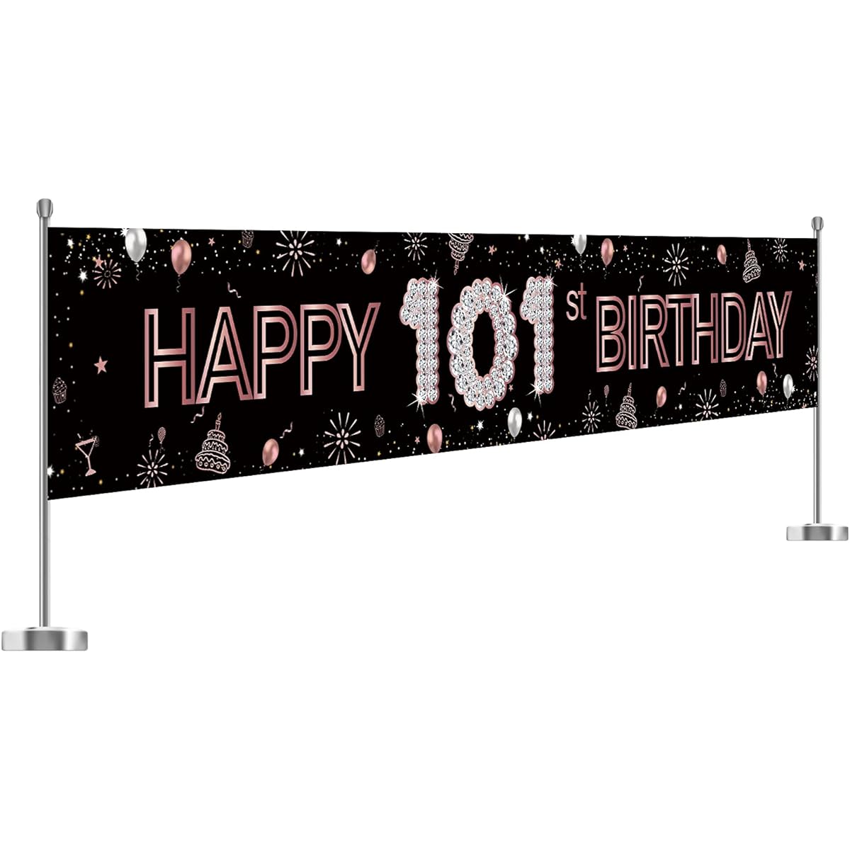 WeBenison Large Happy 101st Birthday Banner/101st Birthday Decorations Banner/Number 101 Sign Yard Yard Sign/Cheers 101 Years Party Outdoor Indoor Decor 10 x 1.5ft Black and Pink