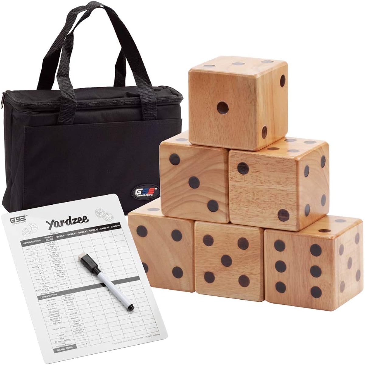 3.5" Premium Oak Giant Yard Dice Set with Carry Bag and Yarzy & Farkle Scorecards for Outdoor Backyard Lawn Games for Kids & Adults