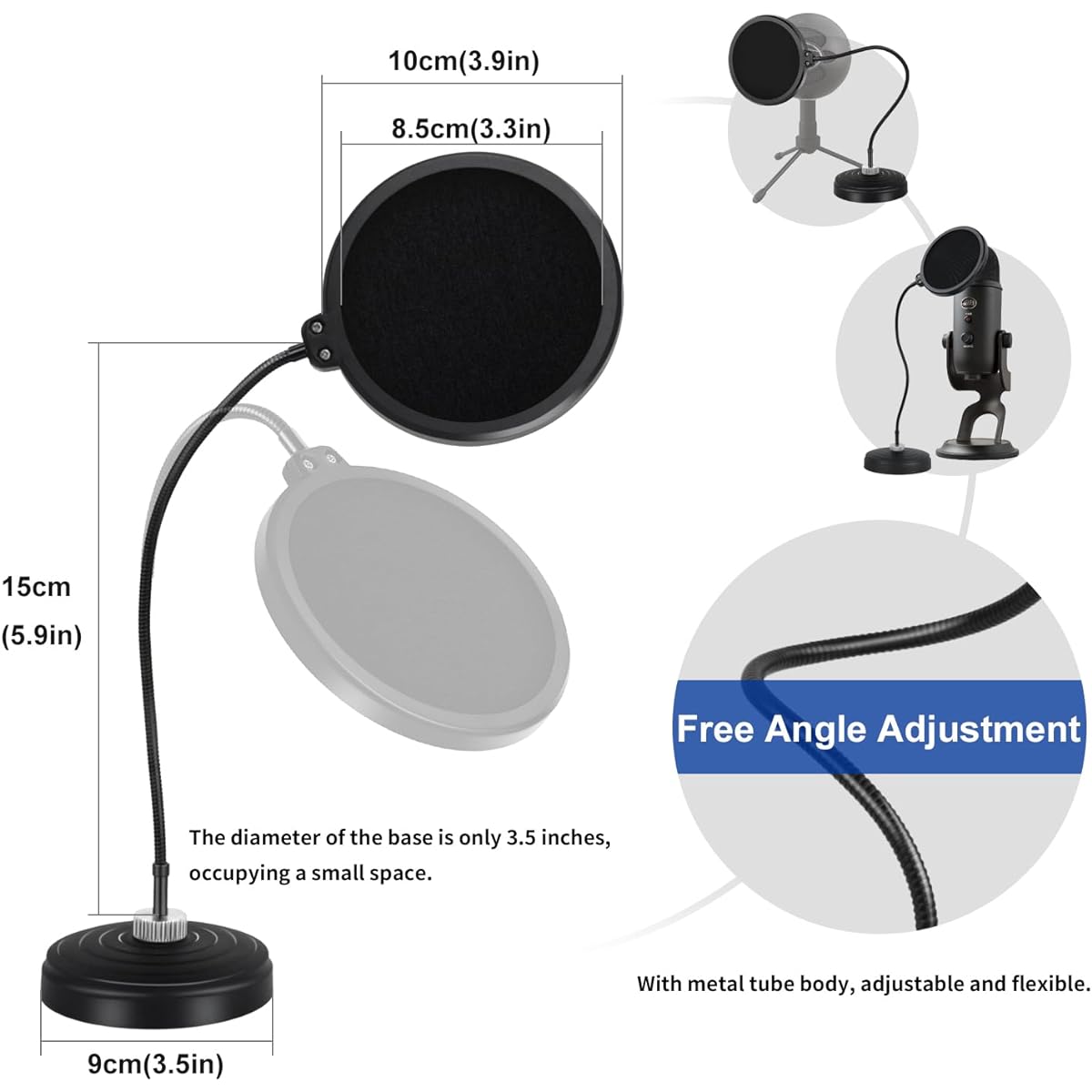 Liyirui Professional Microphone Pop Filter Mini Mic Pop Filter Heavy Bass [Desktop] Pop Filter with Flexible 360° Gooseneck Stabilizing Arm for Desktop Microphone
