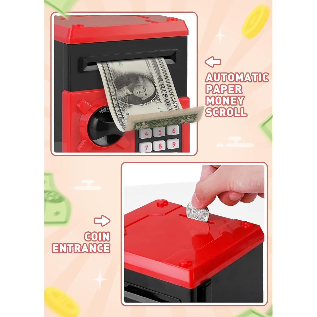 PLAYSHEEK Piggy Bank for Girls and Boys, Large Electronic Money Piggy Bank with Password Protection, Automatic Paper Money Pouch, Scrolling Saving Box, Great Gift for Kids (Black Red)
