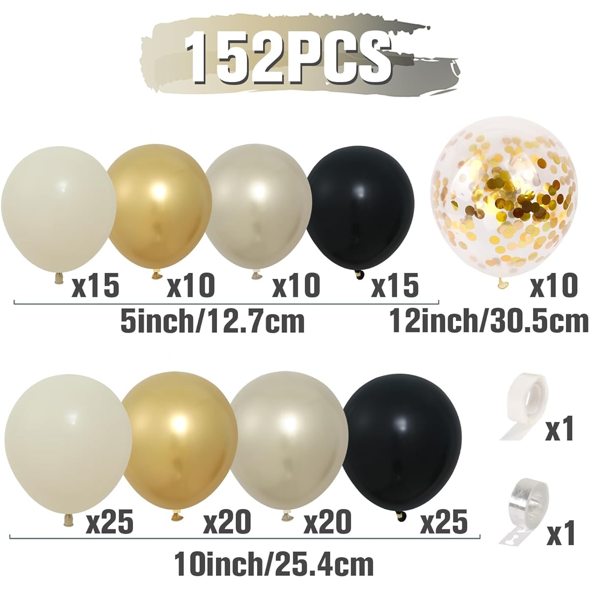 Happy New Years Decorations 2024 - Black and Gold Balloon Garland Arch Kit 152 Pieces White Sand Confetti Champagne New Year's Eve Party Balloons New Year Decorations 2024 Birthday Wedding Party Decoration