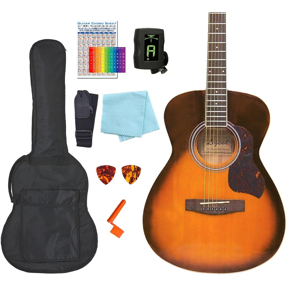 Acoustic guitar beginner's super introductory 9-piece set Legend FG-15 CST tortoiseshell pickguard specification S-VS [98765]