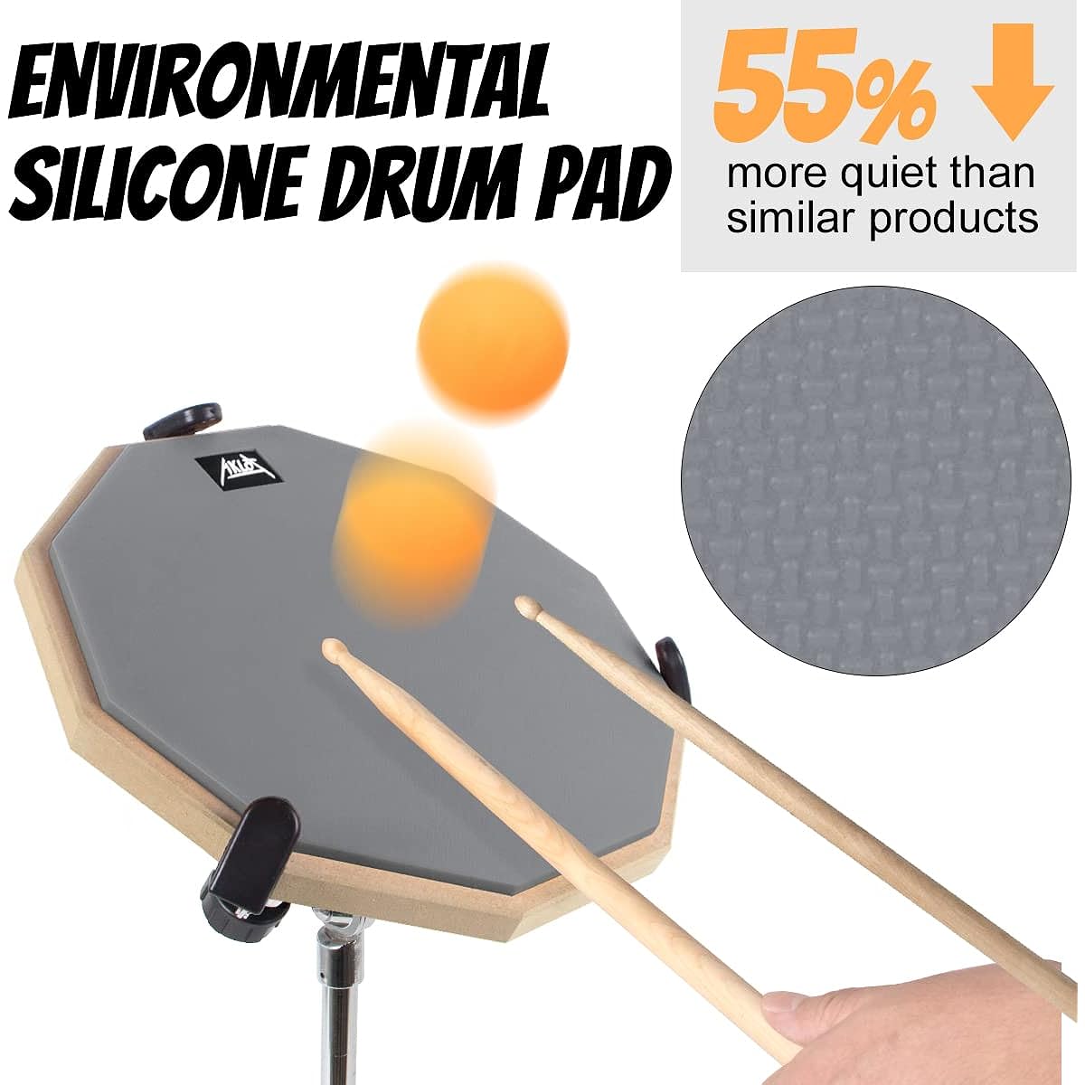 AKLOT Practice Pad 12 Inch Silica Gel Pad Drum Set for Adults and Children with Snare Drum Stand Double Sided Drumstick Bag MI3962-1 Light Gray