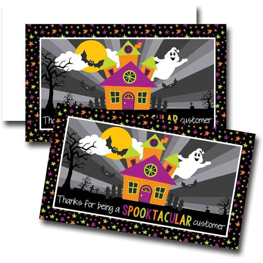 AmandaCreation Spooky Haunted House Creepy Halloween Theme Customer Appreciation Package Inserts 2" x 3.5" Single Sided Insert Cards, 100 Count