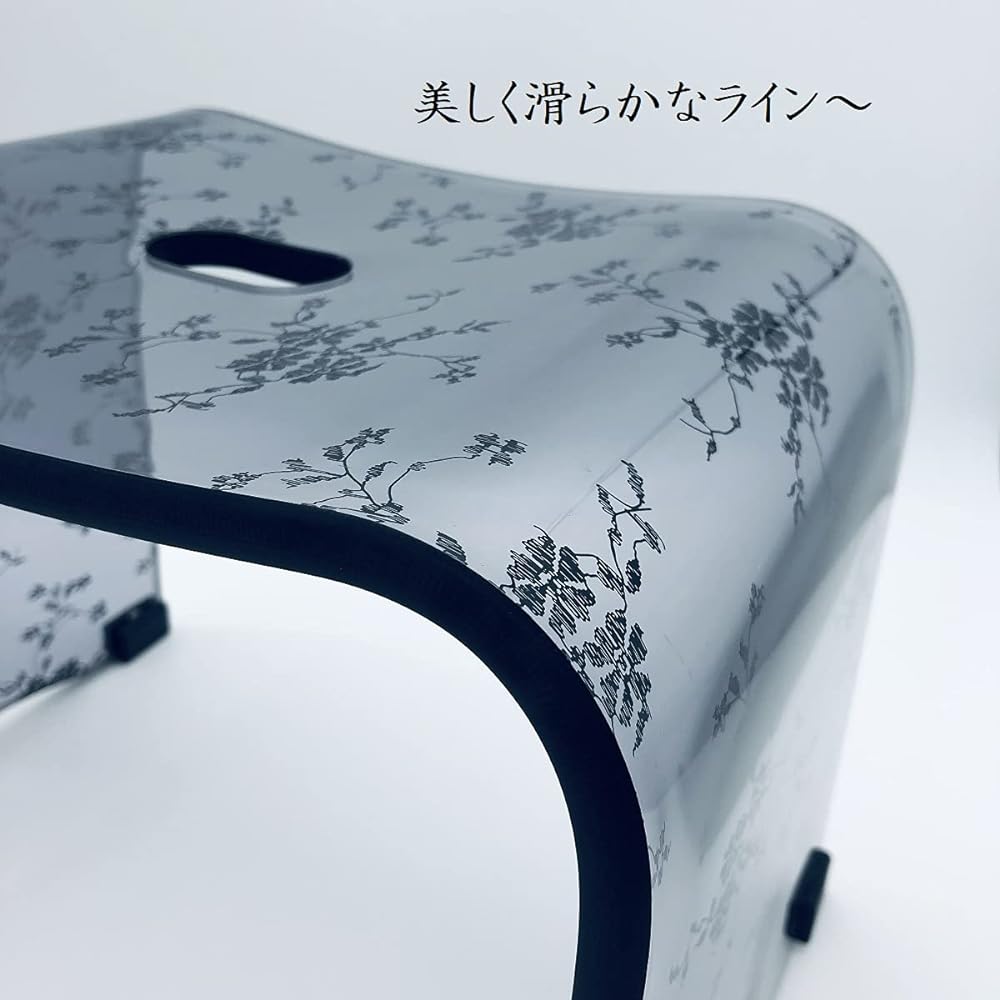 Kasho Bath Chair, Acrylic, Black Small Flower Lace Pattern, Height: Approximately H25cm, Bath Chair, Safe, Non-Slip, Drainage Hole, Easy to Clean, 510KS810M