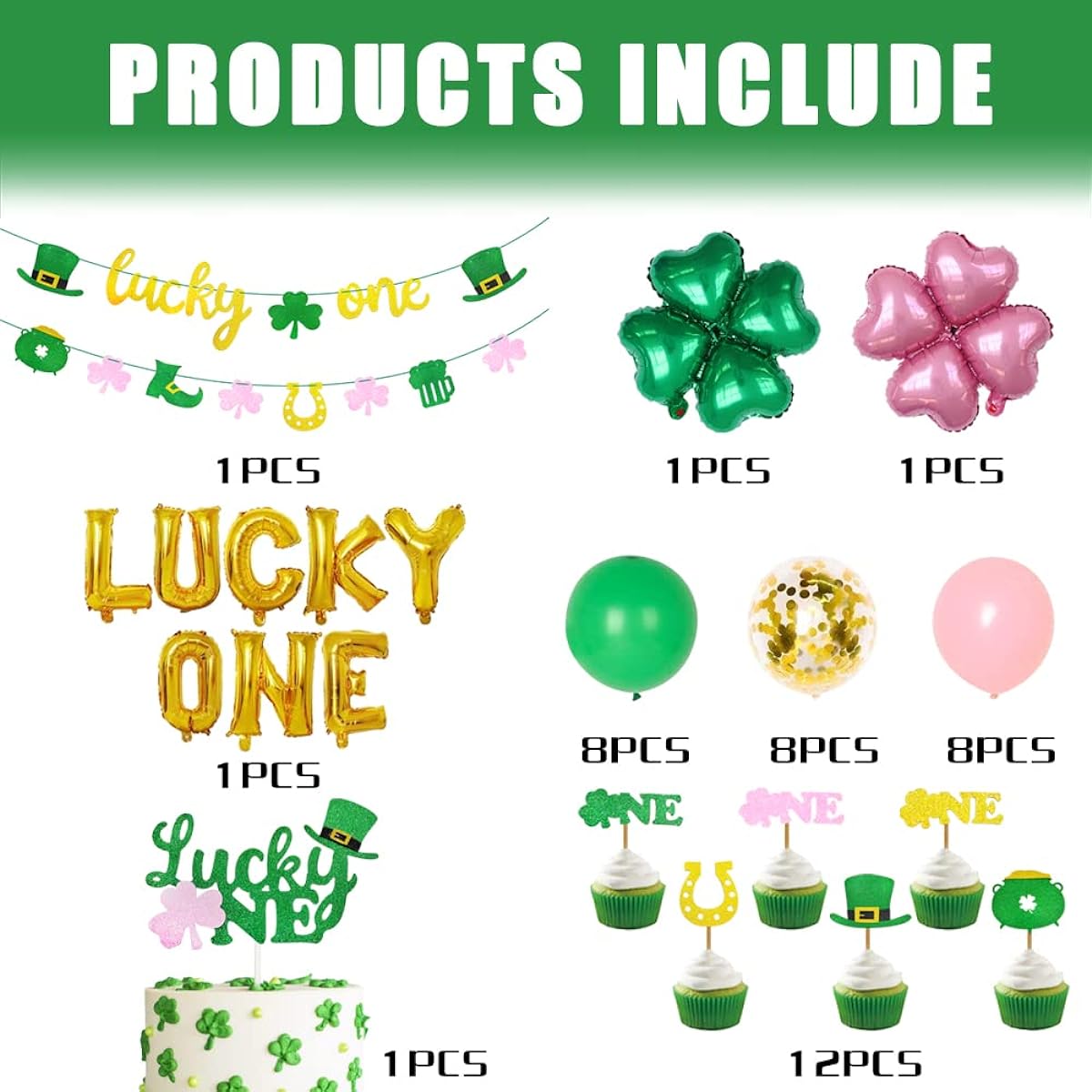 RenbangUS St. Patrick's Day First Birthday Party Decorations, Glitter Lucky One Shamrock Garland Banner Cupcake Toppers Lucky One Four Leaf Clover Foil Balloons Shamrock Irish Lucky 1st Birthday Party Supplies