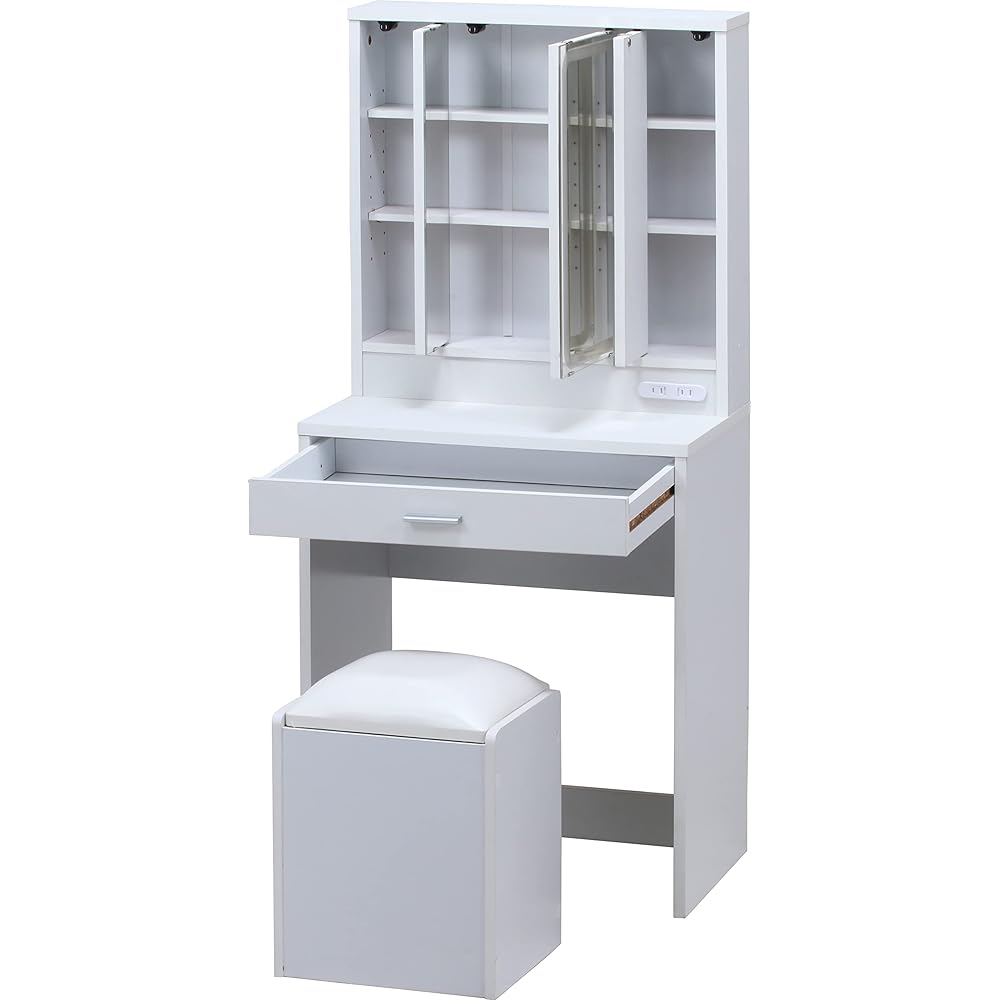 Fujiboeki Dresser Dresser Stand Width 60 x Depth 39 x Height 130 cm White Three-sided Mirror with LED Light Stool Storage 99546