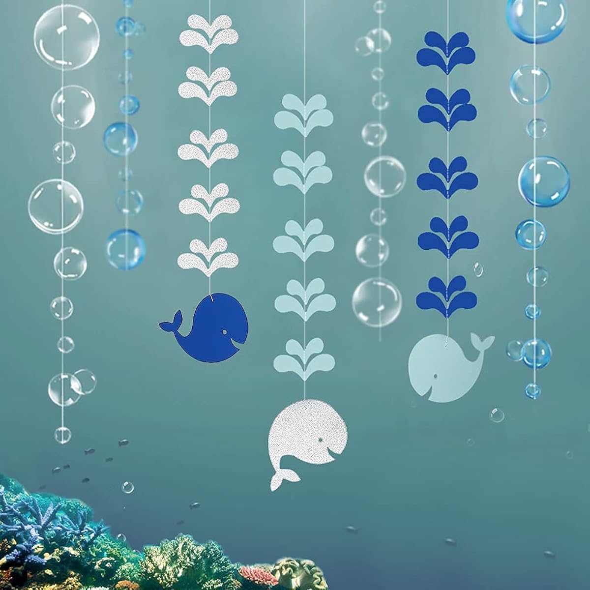Glitter White Blue Whale Garland Under the Sea Little Mermaid Summer Beach Ocean Party Decorations Poolside Hanging Streamers Decor Bubbles Kids Birthday Backdrop Birthday Baby Shower Party Supplies