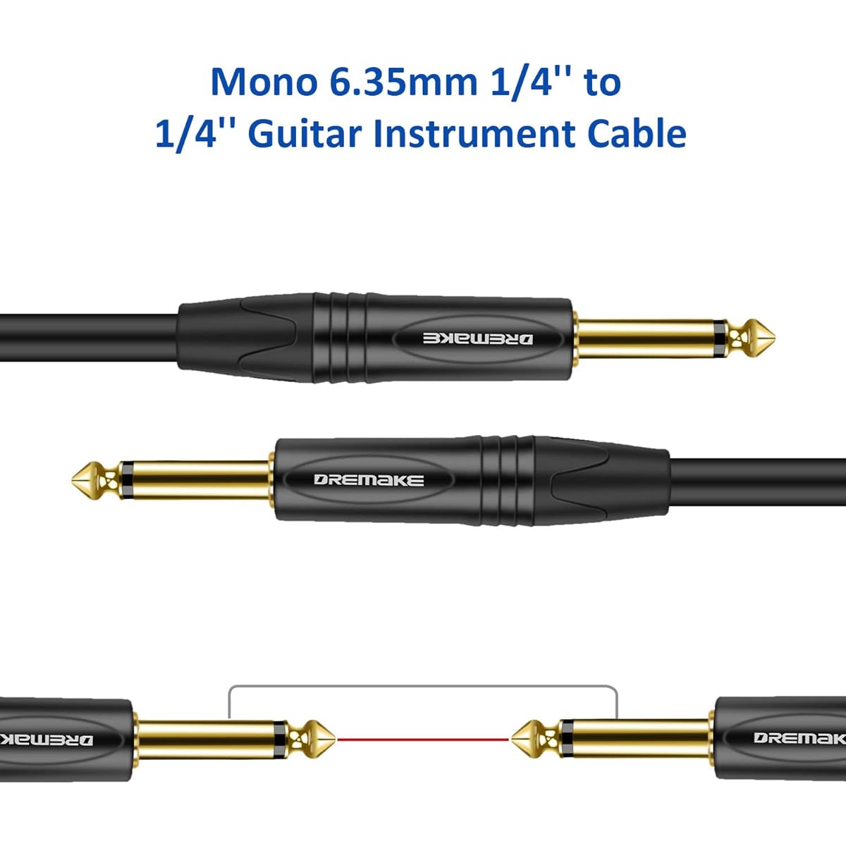 DREMAKE 5 Pack 6ft TS 1/4"~1/4" Guitar Instrument Effect Pedal Patch Cable 1/4" (6.35mm) Audio Amplifier Cord for Bass Electric Guitar Straight to Straight 1/4" Mono jack cord