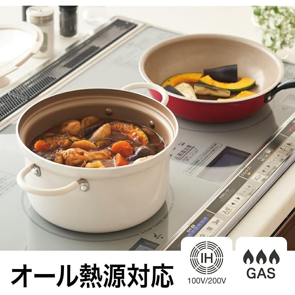 Evercook Double Handed Pot 20cm IH Compatible Gas Fire Compatible [500 Days Available] Comes with Glass Lid Non-Stick Curry Stew Pot Ivory Doshisha