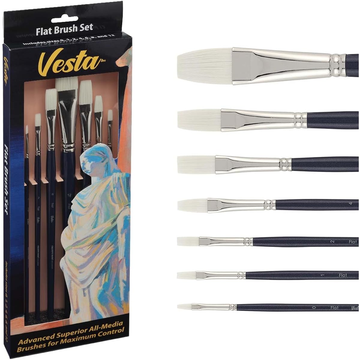 Creative Mark Vesta Synthetic Brush Set - Advanced All-Media Brushes for Maximum Control for Students, Artists, Painters, Classrooms and More - [Flat - Set of 7]