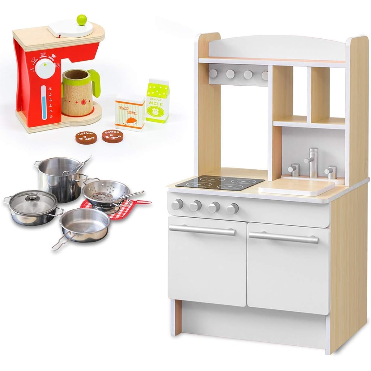 lay Kitchen Play Shop Compatible [White] & Coffee Maker Set & Miniature Stainless Steel Pot Set Width 55cm x Depth 47cm x Height 98cm The front is the kitchen, the back is the store, Reversible, Wooden, Safe and secure design, For children, Assembly type