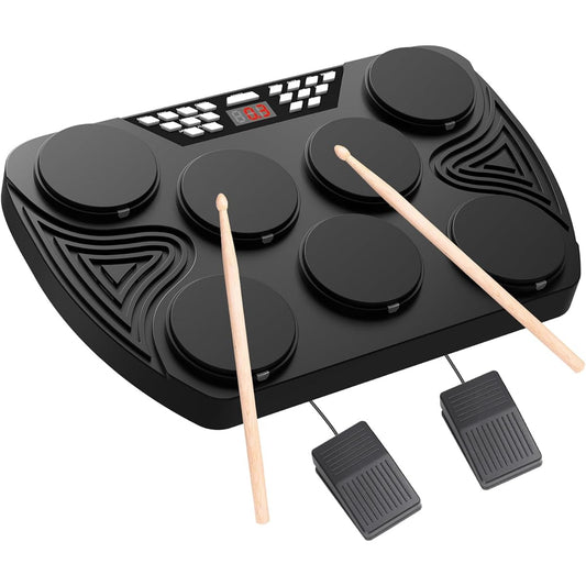 KONIX Electronic Drum Set, Tabletop Electric Drum Kit, 7 Pad Portable Digital Drum Pad Machine with Digital Panel, Built-in Speaker, PC Connection Support, Perfect Gift for Teens and Adult Beginners
