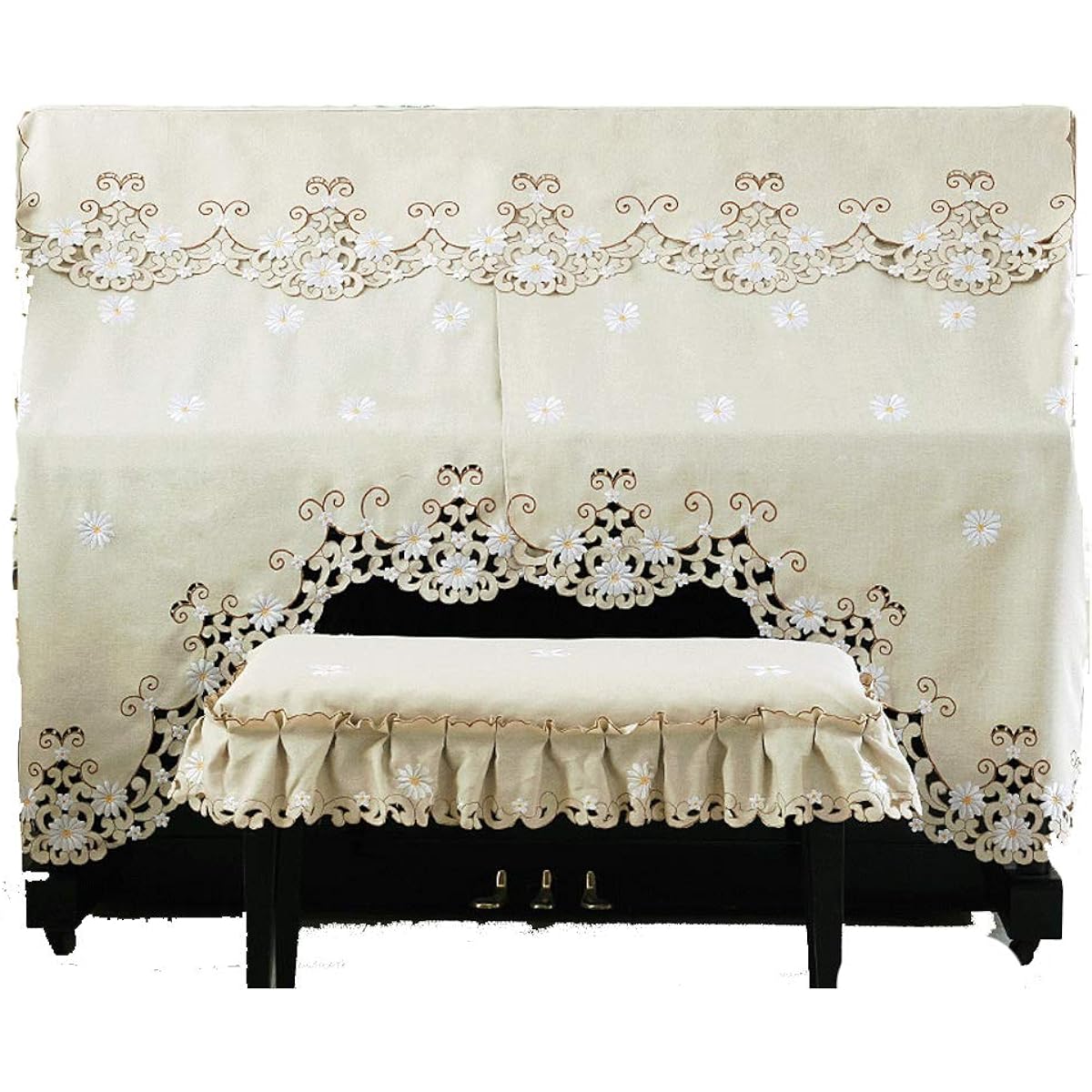 legant piano cover, cute, romantic, floral embroidery, thick, floral pattern, embroidery, popular, frills, bright, pastoral, upright, beige, stylish, cute, elegant, frills, suitable for widths 148-153cm (piano cover + chair cover (single-seater type), B)