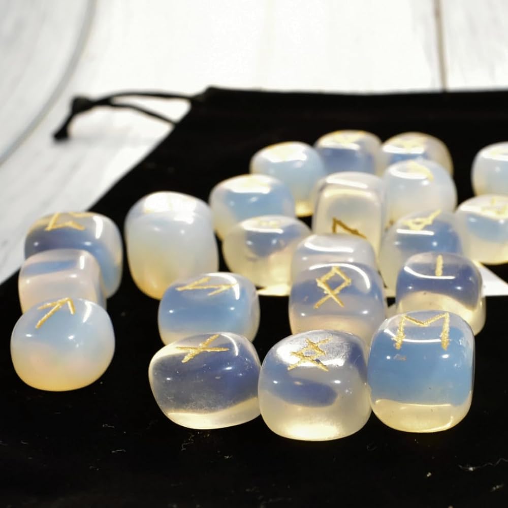 Set of 25 runes engraved on Obsidian Opal (Opalite), Comes with a pouch with runes, For rune fortune telling, Includes Japanese explanation booklet.