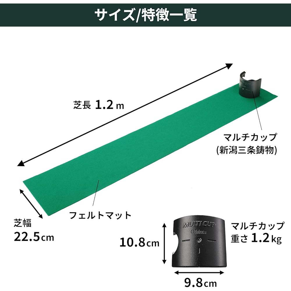 Tabata Golf Multi Cup "The Secret of Putting" GV0138 Putter Mat with Niigata Sanjo Casting for Practice 1.2m Putter Practice Putting Practice Golf Practice Mat Black