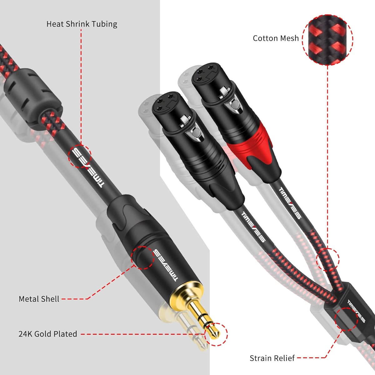 TIMEYES 3.5mm 1/8" - XLR Mic Audio Y Cable - 1/8" 3.5mm Male to Dual XLR Female Breakout Cable - 3.5mm to 2 x XLR 3 Pin Unbalanced Microphone Adapter Cable Cord 3ft/1m