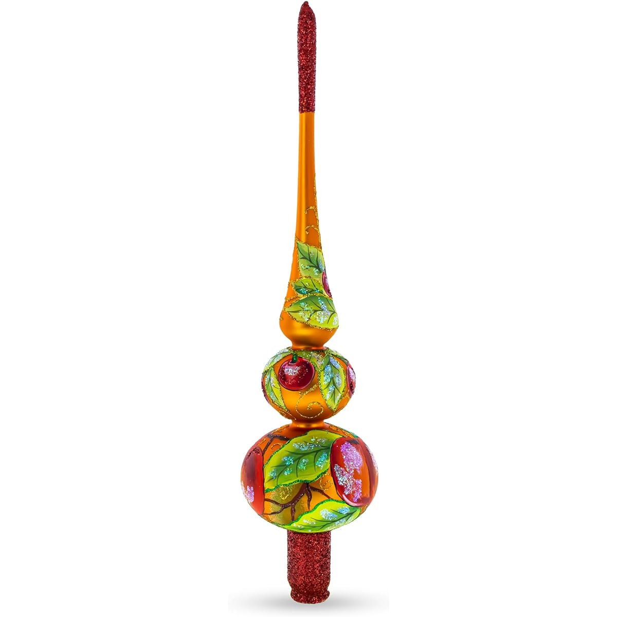 Peaches on Gold Artisan Hand Crafted Mouth Blown Glass Christmas Tree Topper 12.5 Inches